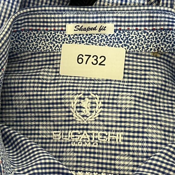 Bugatchi Uomo Shirt Men's L Blue Check Button Up Collared Long Sleeve Shaped Fit - Picture 6 of 9